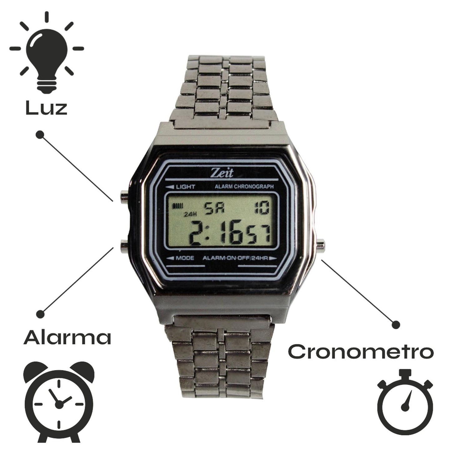 Reloj Digital Zeit Unisex Luz Alarma Cronómetro Plata Obscuro