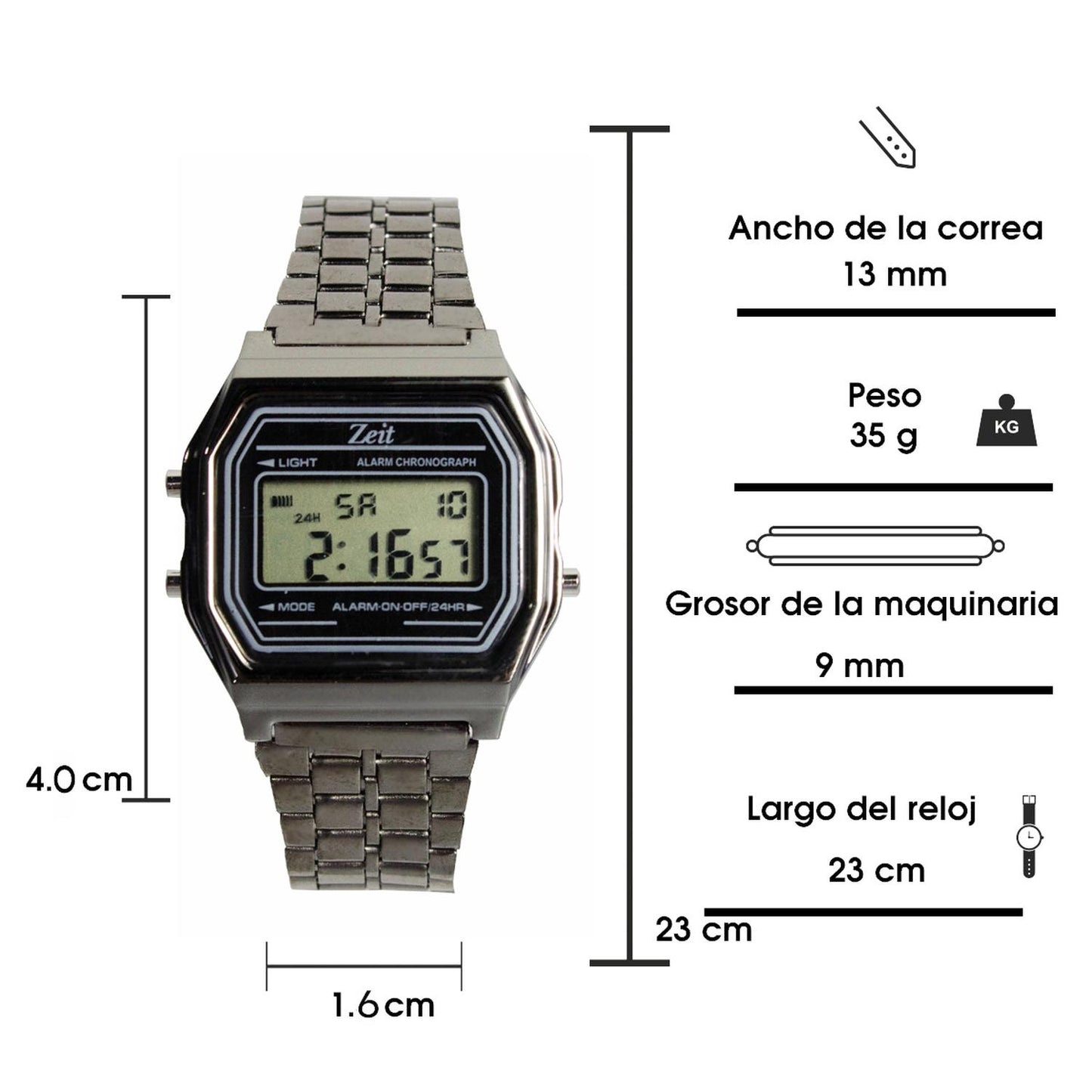 Reloj Digital Zeit Unisex Luz Alarma Cronómetro Plata Obscuro
